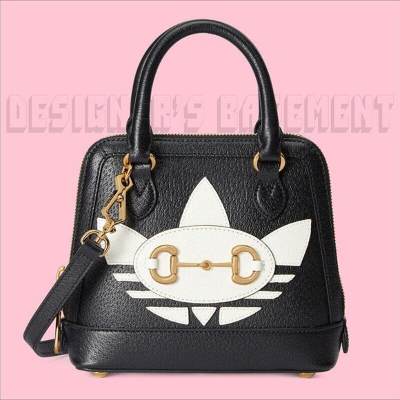 GUCCI black Leather Adidas X Gucci 1955 gold Horsebit Web Trefoil Mini Bag+box๐ - Picture 12 of 12